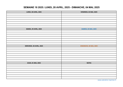 semaine 18 2025 dates et calendrier