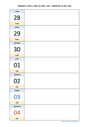 semaine 18 2025 dates et calendrier