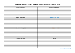 semaine 19 2025 dates et calendrier