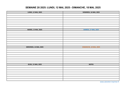 semaine 20 2025 dates et calendrier