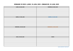 semaine 25 2025 dates et calendrier