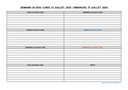 semaine 30 2025 dates et calendrier