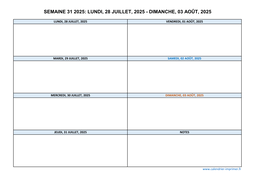semaine 31 2025 dates et calendrier