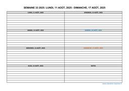 semaine 33 2025 dates et calendrier