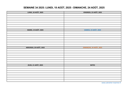 semaine 34 2025 dates et calendrier