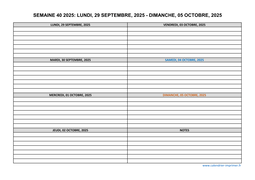 semaine 40 2025 dates et calendrier