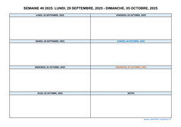 semaine 40 2025 dates et calendrier