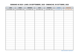 semaine 40 2025 dates et calendrier