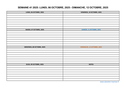 semaine 41 2025 dates et calendrier