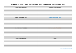 semaine 43 2025 dates et calendrier