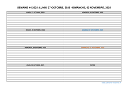semaine 44 2025 dates et calendrier