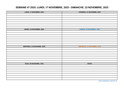 semaine 47 2025 dates et calendrier
