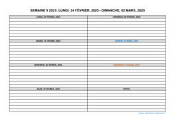 semaine 9 2025 dates et calendrier