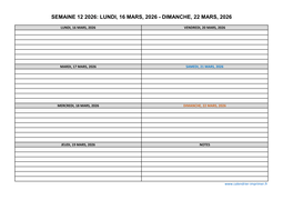 semaine 12 2026 dates et calendrier