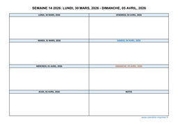 semaine 14 2026 dates et calendrier