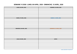 semaine 15 2026 dates et calendrier