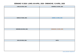 semaine 15 2026 dates et calendrier