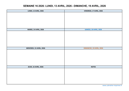 semaine 16 2026 dates et calendrier
