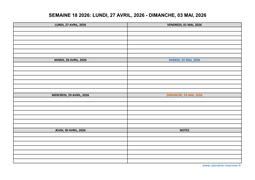 semaine 18 2026 dates et calendrier