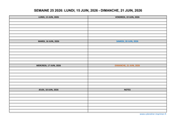 semaine 25 2026 dates et calendrier