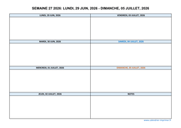 semaine 27 2026 dates et calendrier