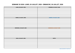 semaine 30 2026 dates et calendrier
