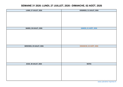 semaine 31 2026 dates et calendrier