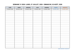 semaine 31 2026 dates et calendrier