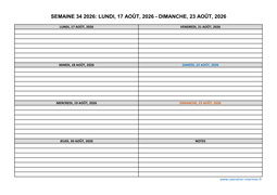 semaine 34 2026 dates et calendrier