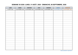 semaine 36 2026 dates et calendrier