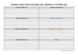 semaine 41 2026 dates et calendrier