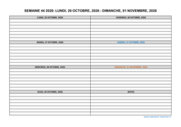 semaine 44 2026 dates et calendrier