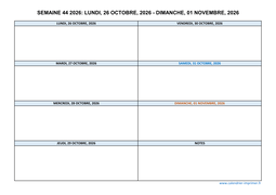semaine 44 2026 dates et calendrier