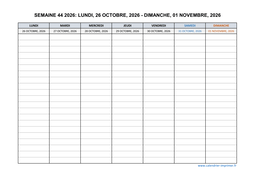 semaine 44 2026 dates et calendrier