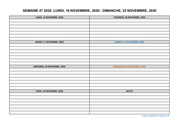 semaine 47 2026 dates et calendrier
