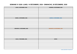 semaine 51 2026 dates et calendrier
