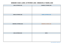 semaine 9 2026 dates et calendrier