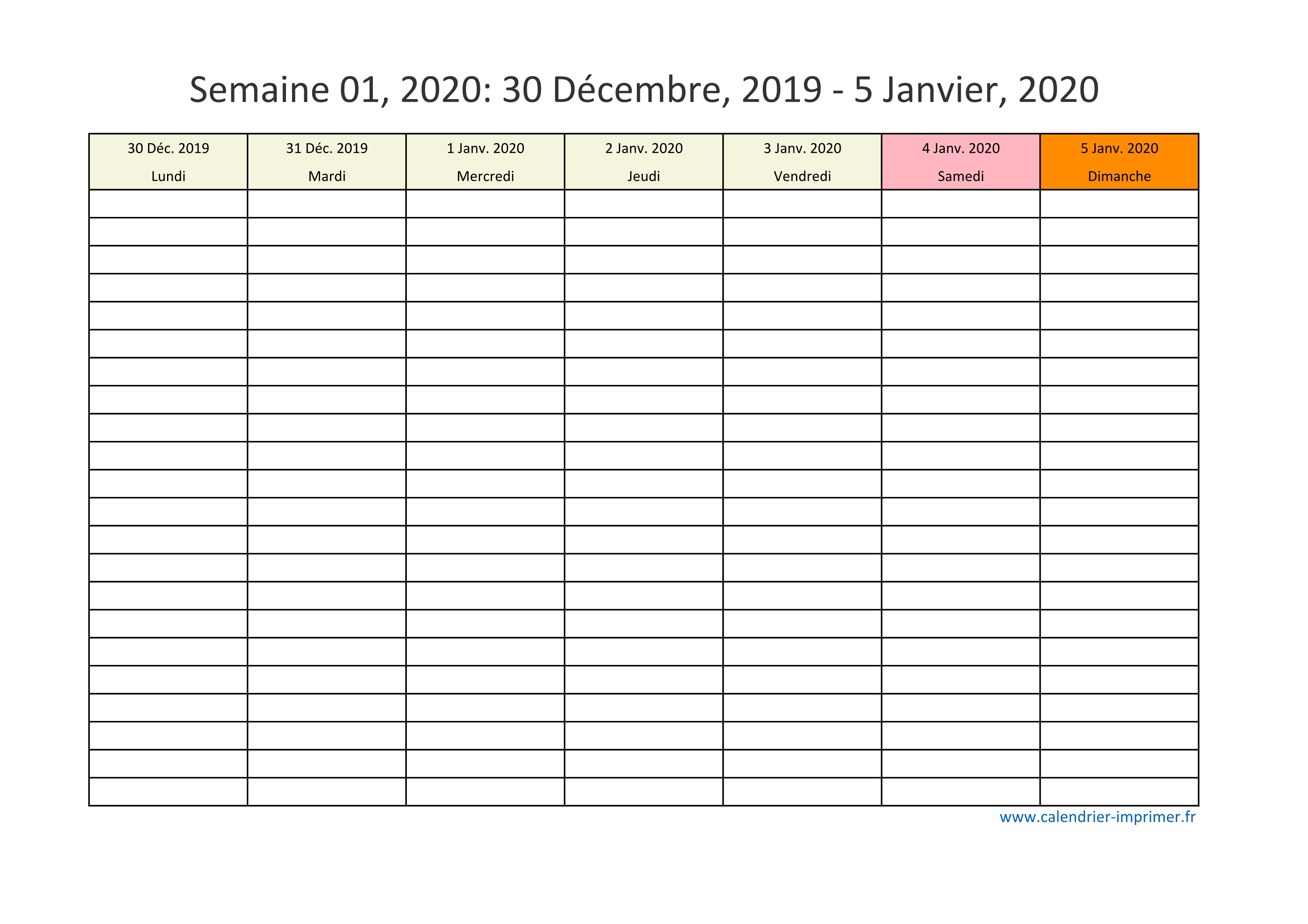 Calendrier 2020 semaine (planning, hebdomadaire, semainier)