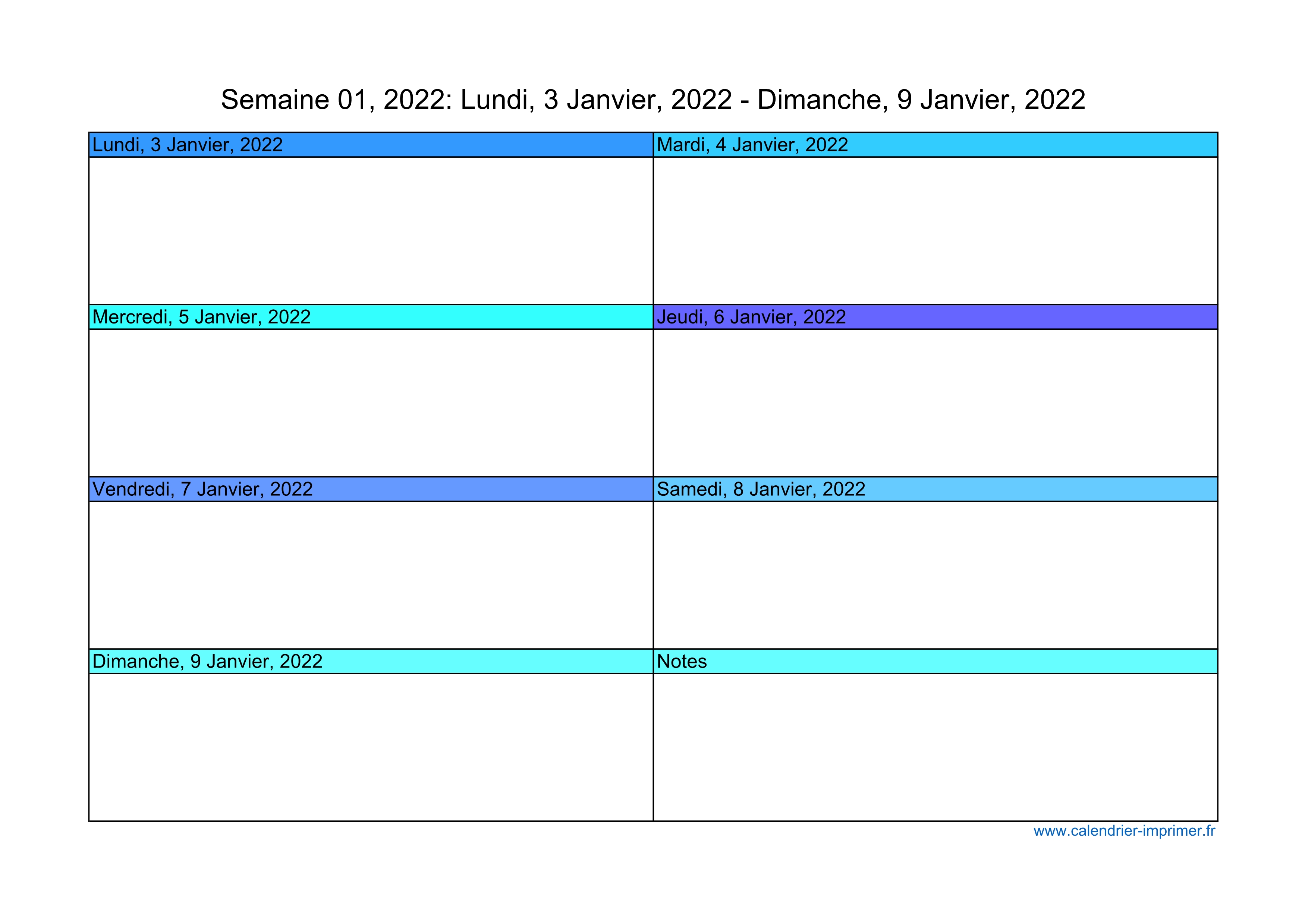 Calendrier hebdomadaire 2022 à imprimer