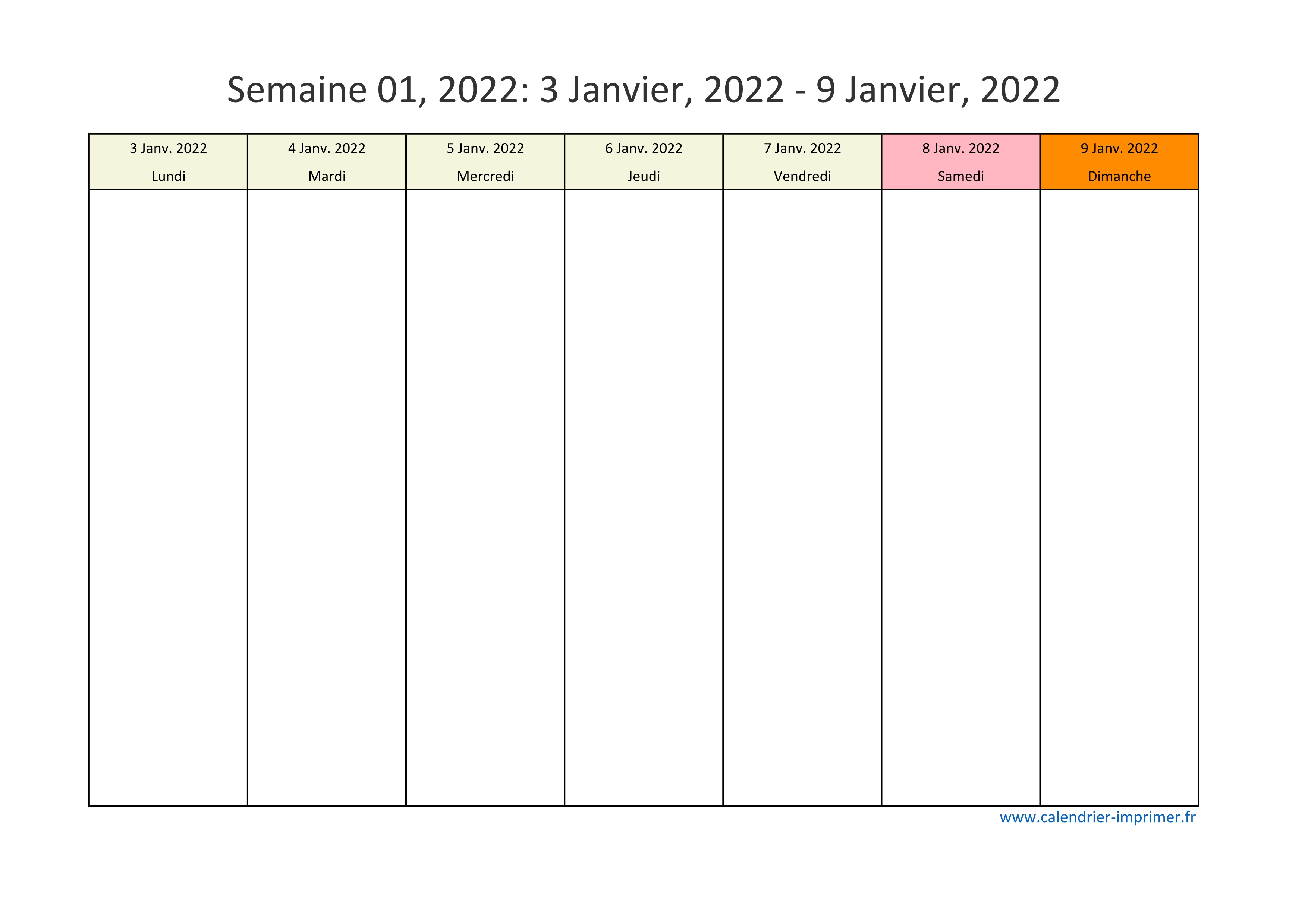 Calendrier 2022 semaine (planning, hebdomadaire, semainier)