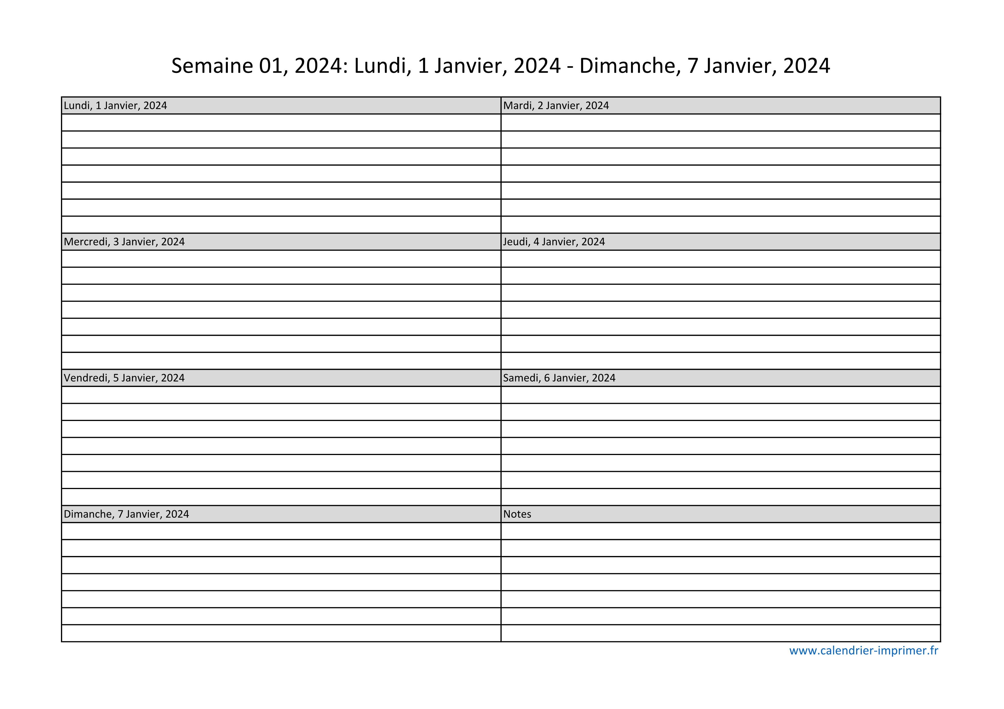 Calendrier 2024 semaine (planning, hebdomadaire, semainier)