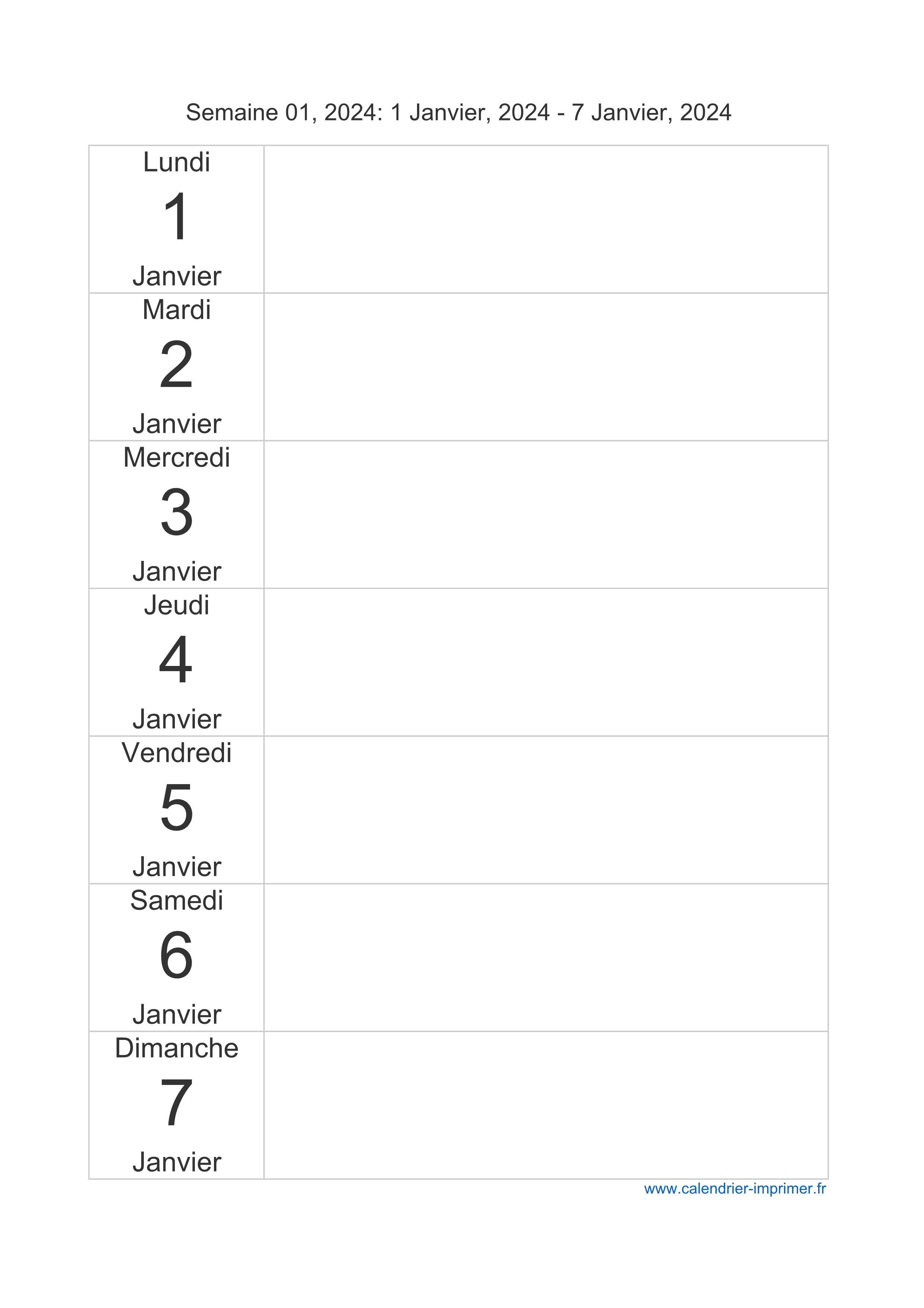 Calendrier 2024 semaine (planning, hebdomadaire, semainier)