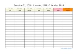 calendrier semaine 2018 (hebdomadaire/semainier) modèle 6