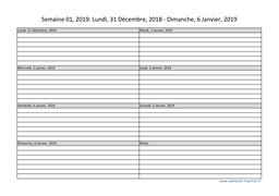 calendrier semaine 2019 (hebdomadaire/semainier) modèle 1