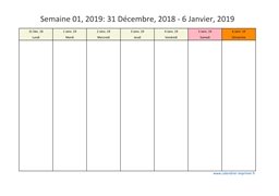 calendrier semaine 2019 (hebdomadaire/semainier) modèle 5