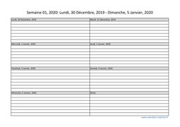 calendrier semaine 2020 (hebdomadaire/semainier) modèle 1