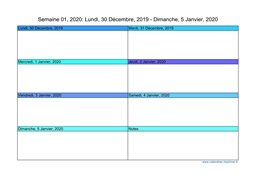 calendrier semaine 2020 (hebdomadaire/semainier) modèle 2