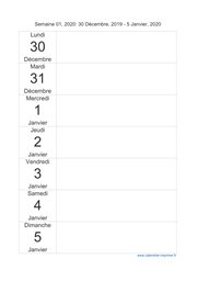 calendrier semaine 2020 (hebdomadaire/semainier) modèle 3