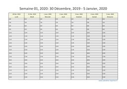 calendrier semaine 2020 (hebdomadaire/semainier) modèle 7