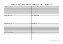 calendrier semaine 2021 (hebdomadaire/semainier) modèle 1